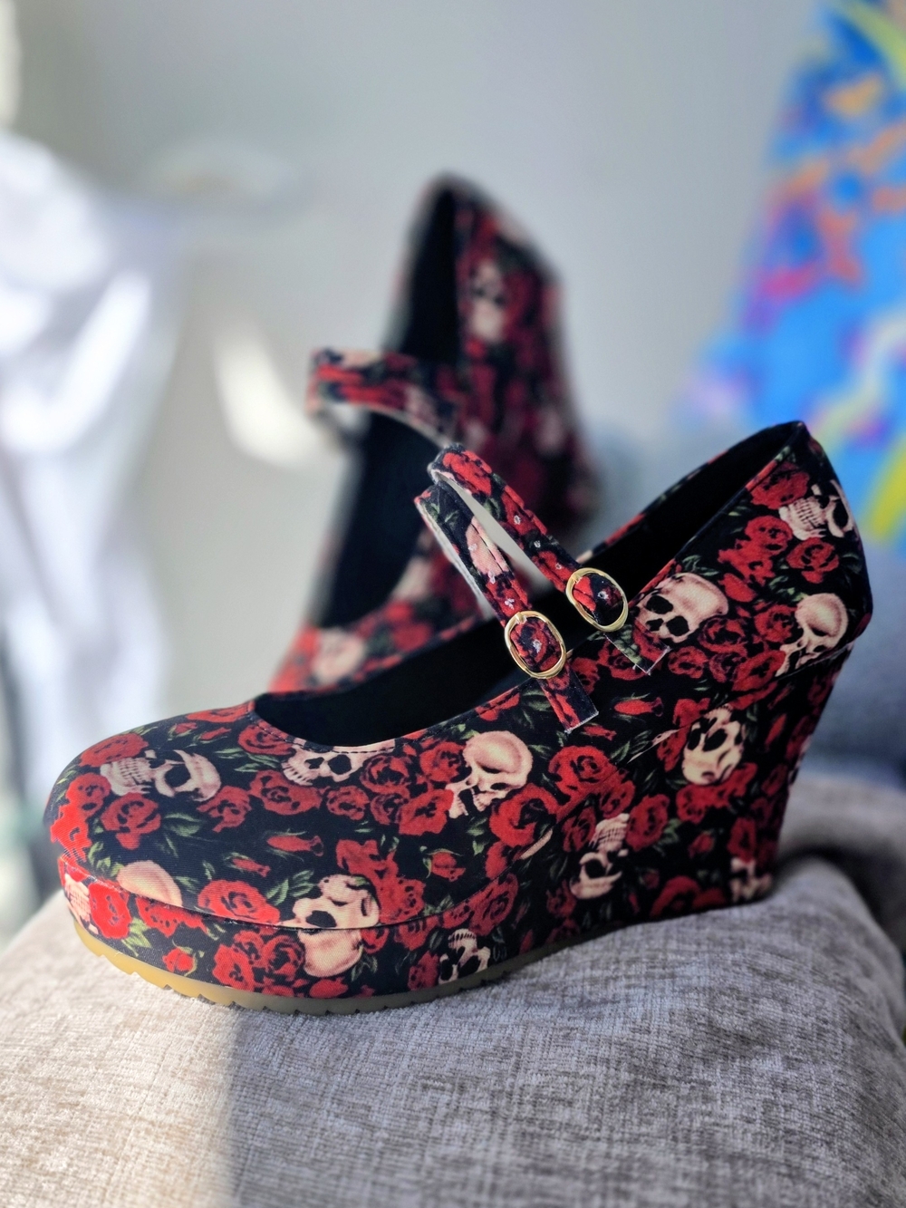Red Rose & Skull Wedge Mary Janes - Women's Fashion Shoes